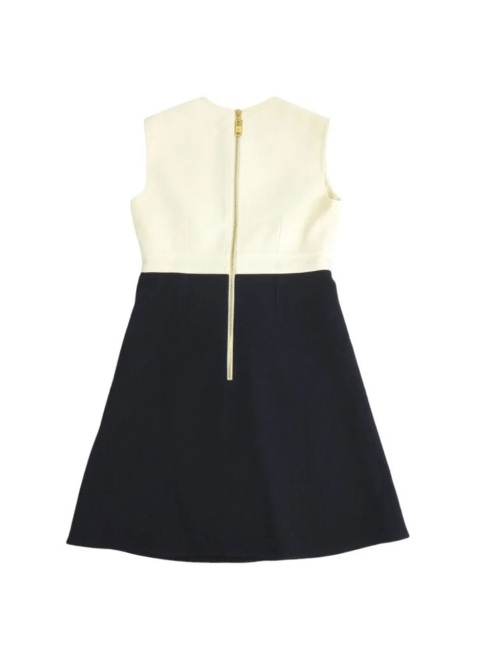 Louis Vuitton with Ribbon Bicolor Sleeveless Wool Ivory Navy Dress 36